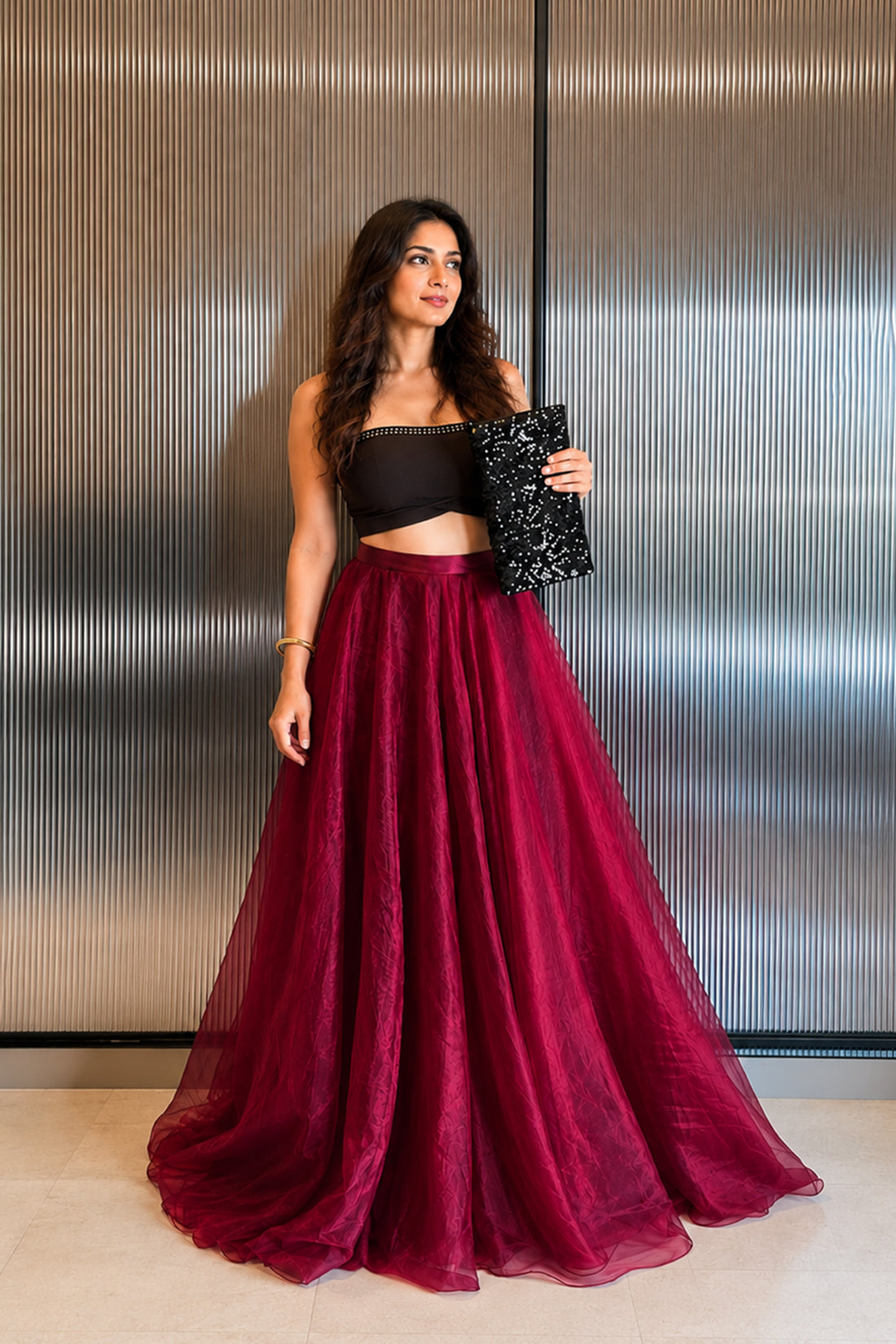 Wine Organza Maxi Skirt Set
