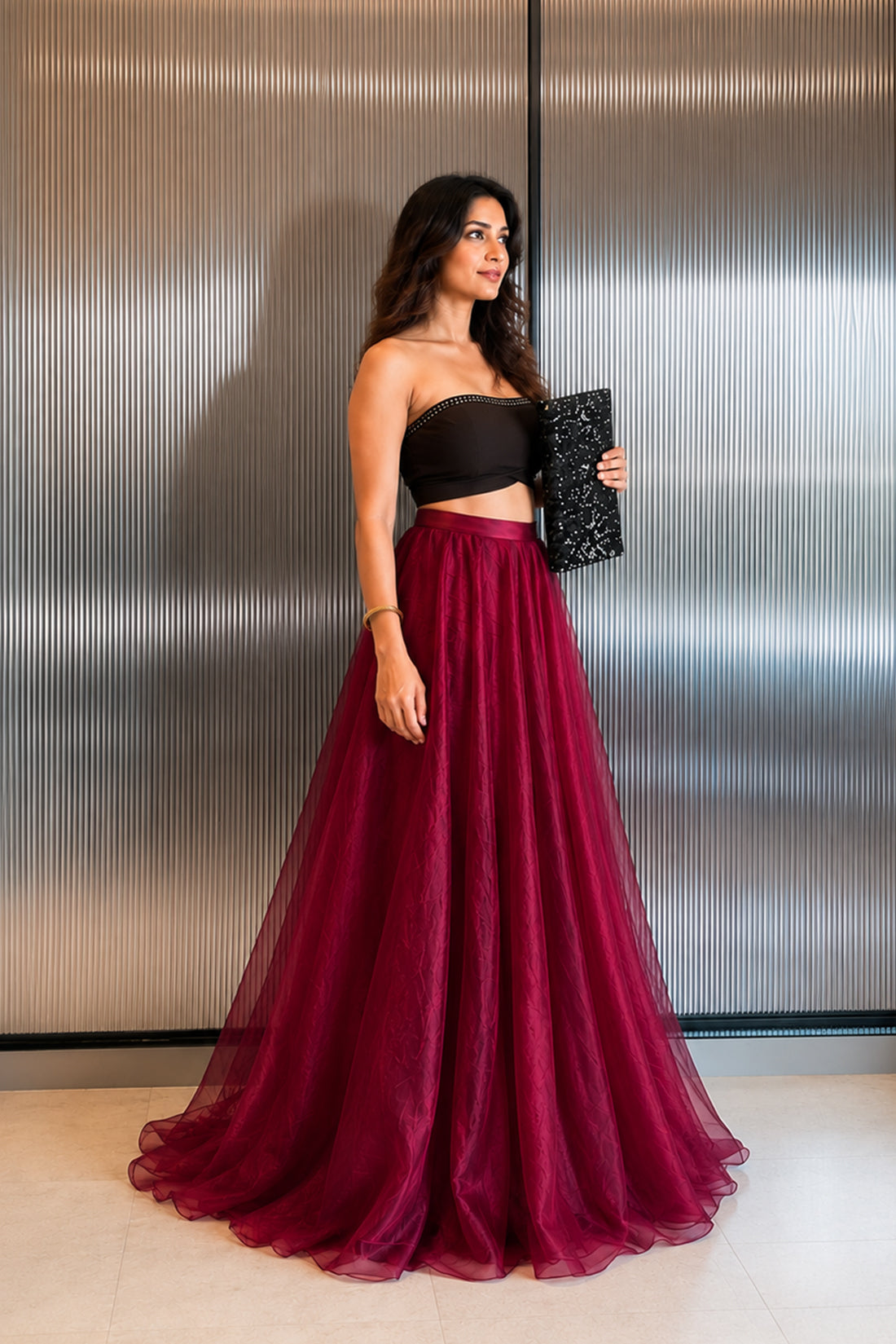 Wine Organza Maxi Skirt Set