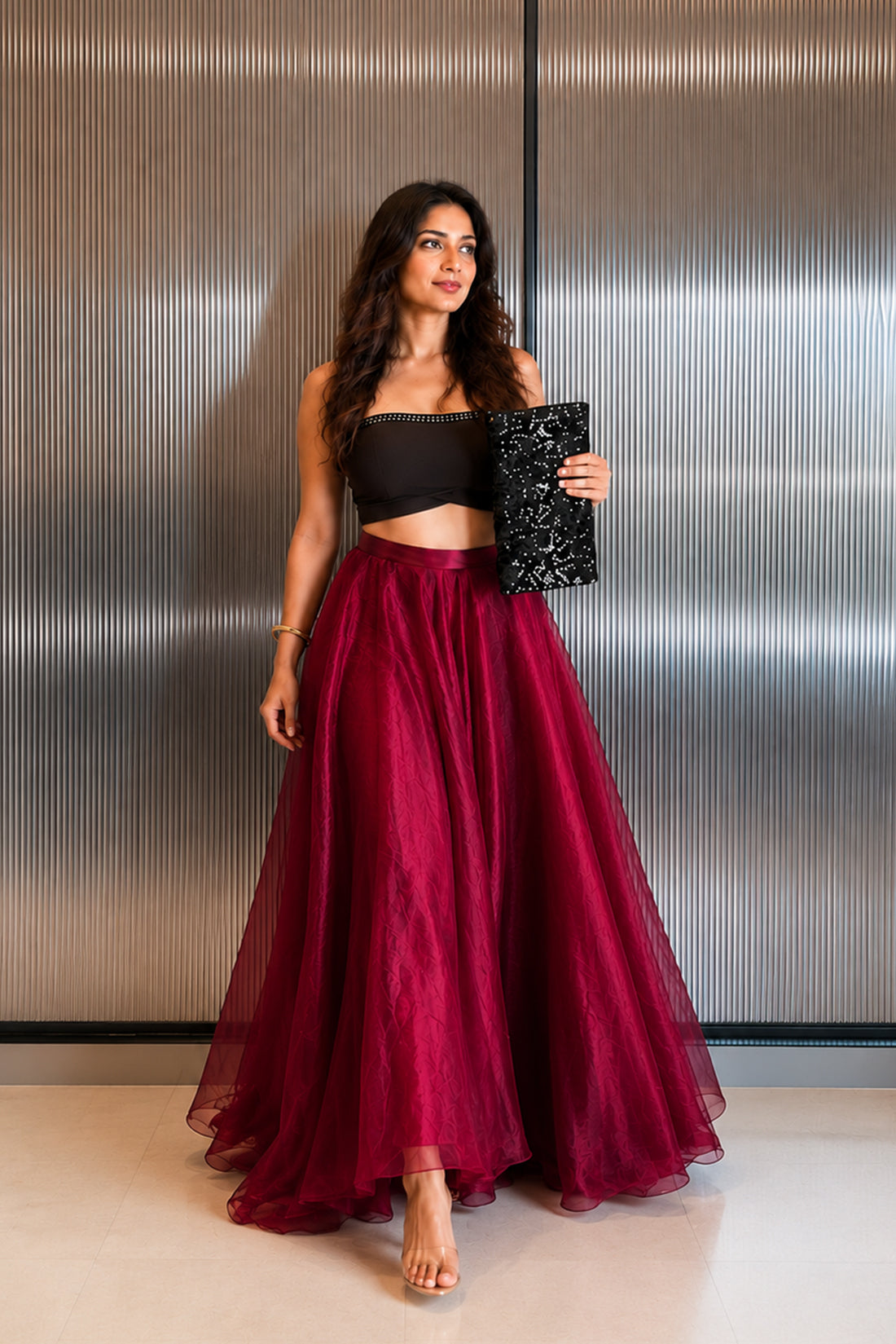 Wine Organza Maxi Skirt Set