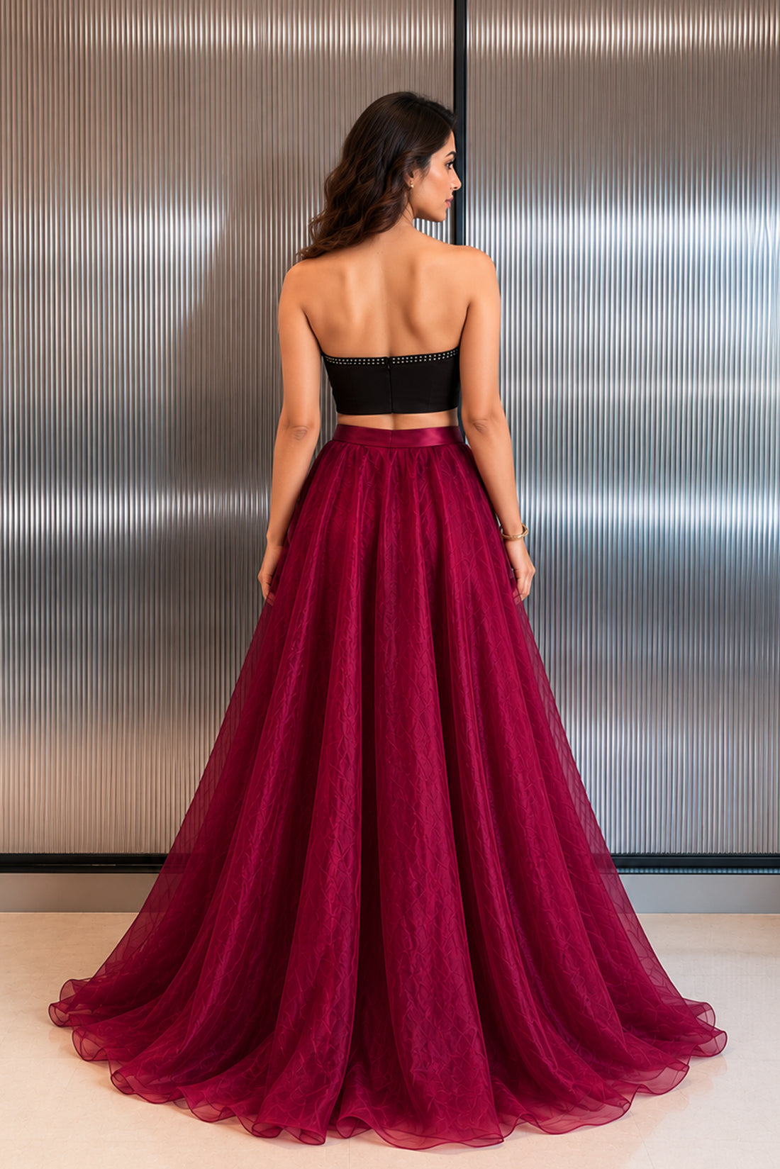 Wine Organza Maxi Skirt Set