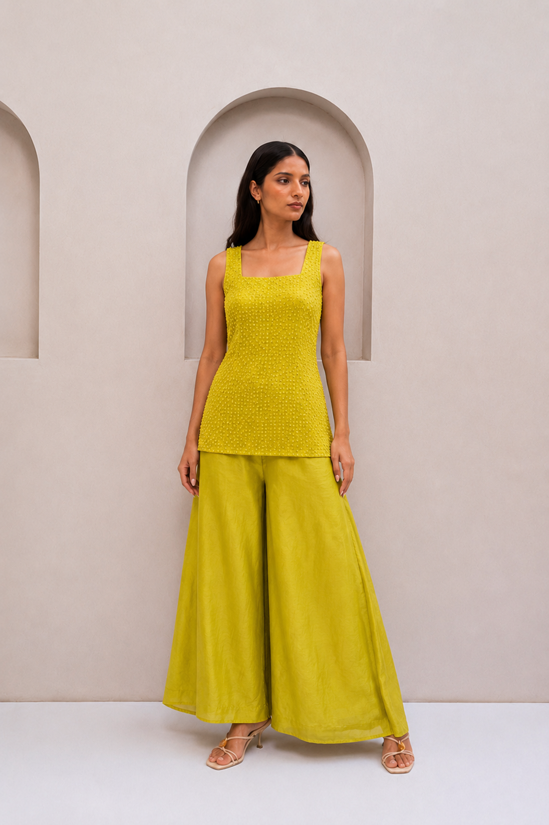 Lime Yellow Moti Work Chiffon Co-Ord Set