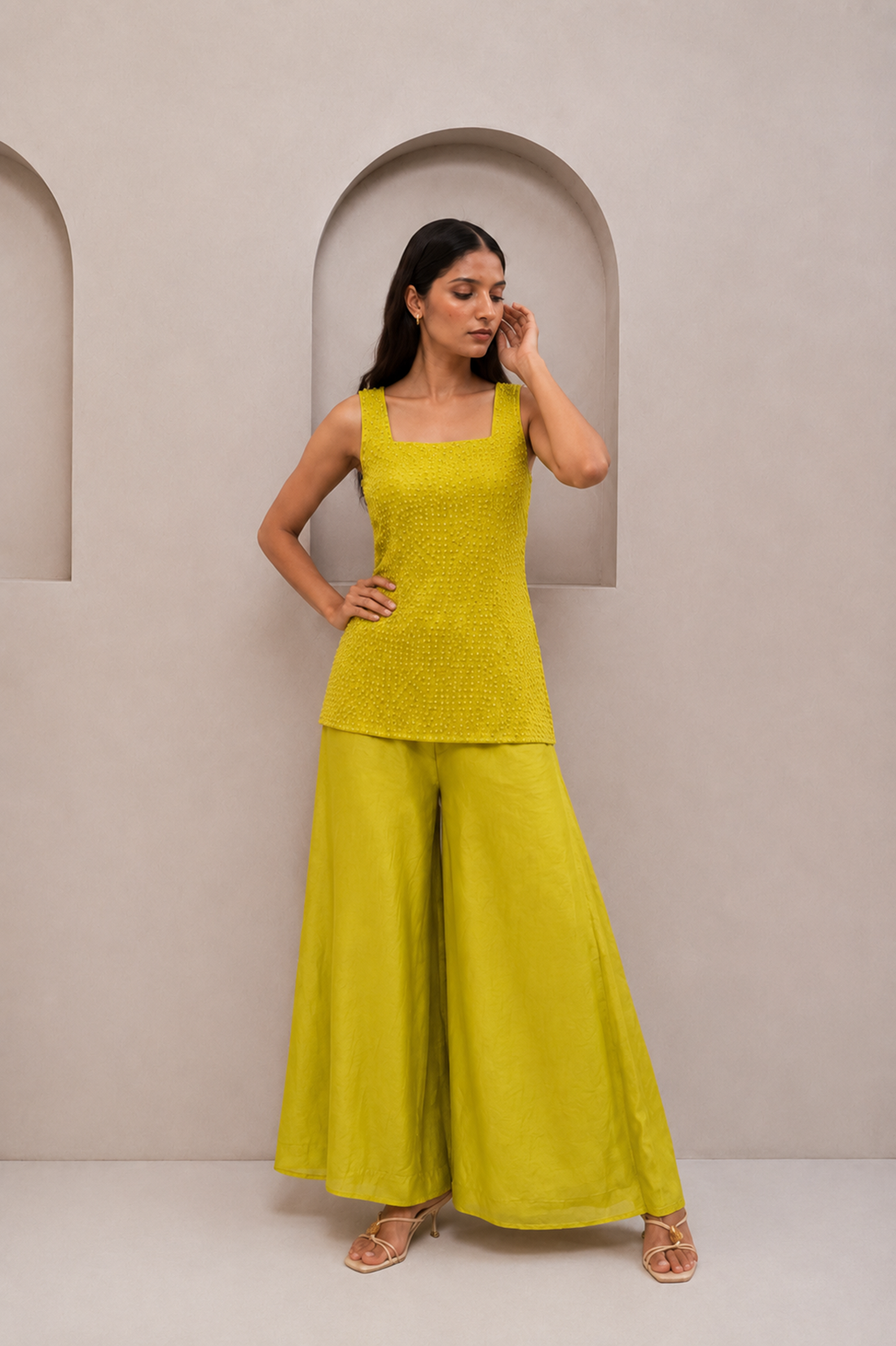 Lime Yellow Moti Work Chiffon Co-Ord Set