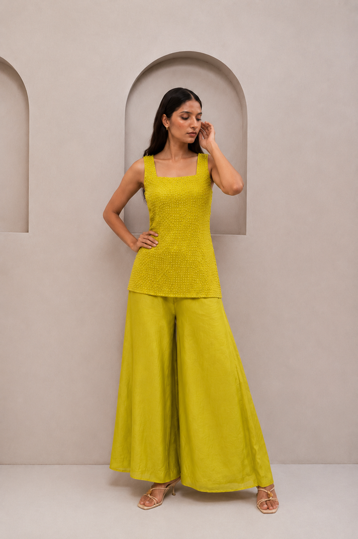 Lime Yellow Moti Work Chiffon Co-Ord Set