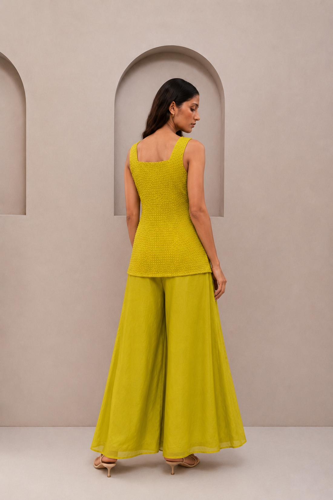 Lime Yellow Moti Work Chiffon Co-Ord Set