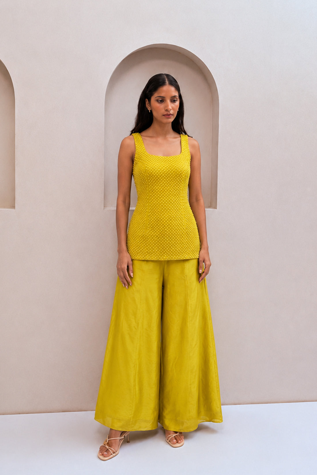 Lime Yellow Moti Work Chiffon Co-Ord Set