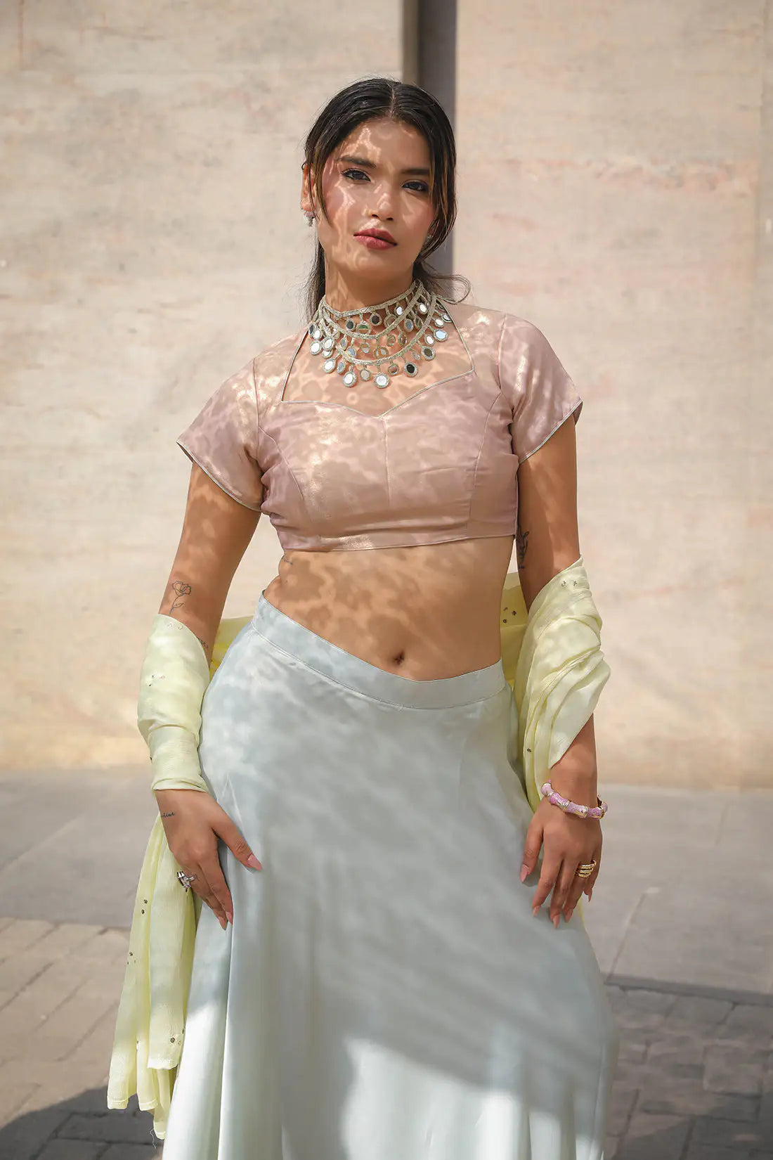 Pastel Satin Silk Skirt Set