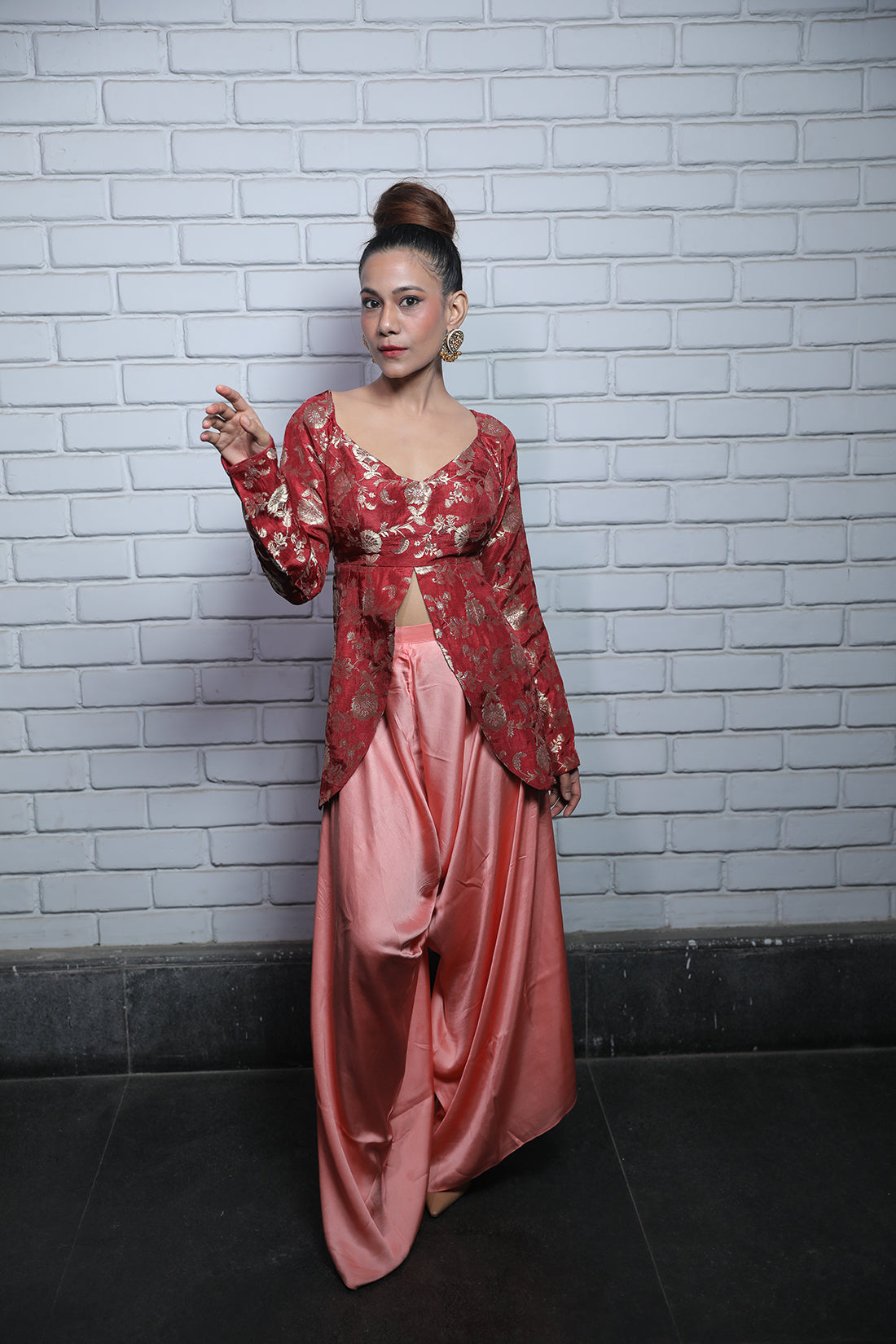 Coral Pink Satin Twill Dhoti Set