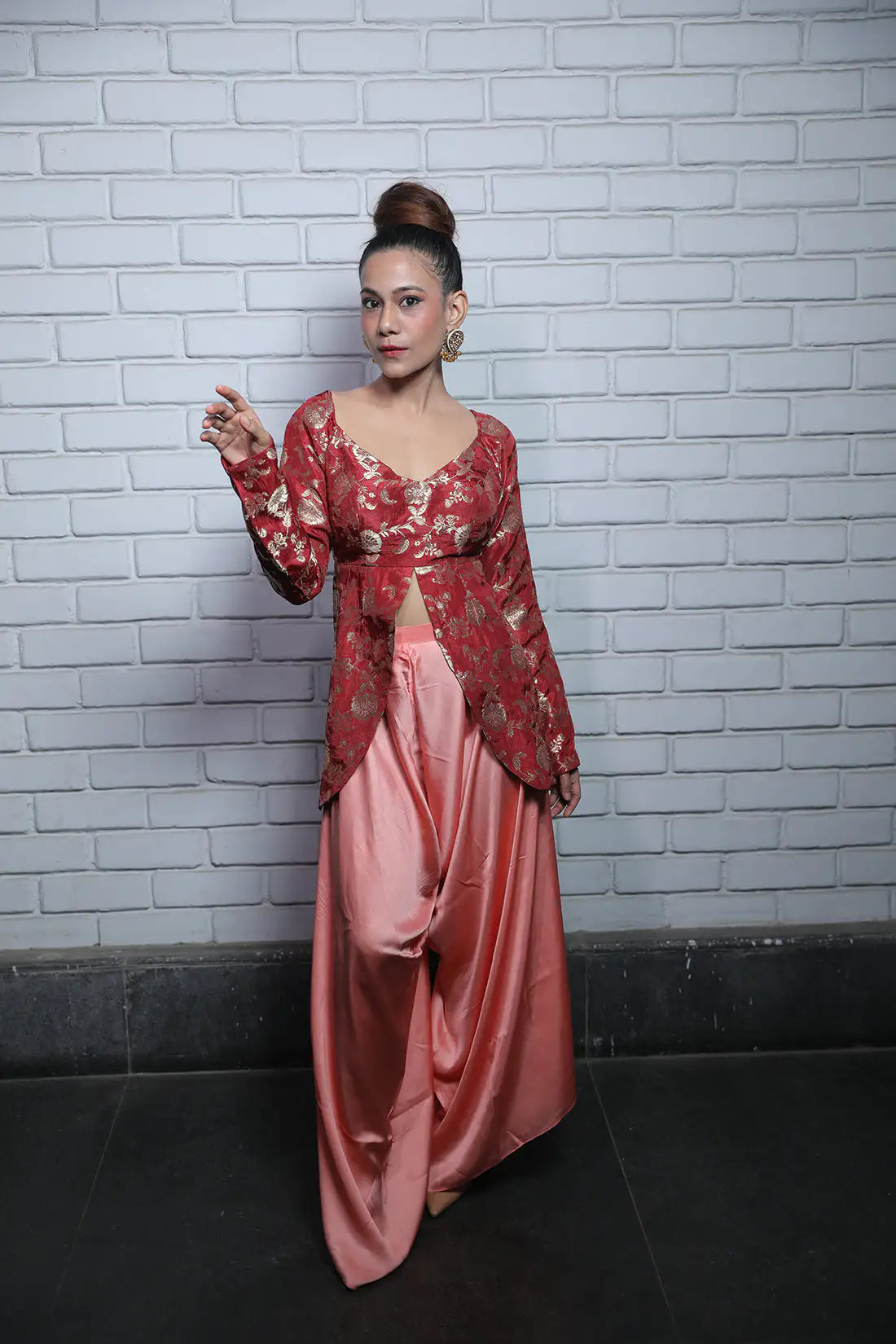 Coral Pink Satin Twill Dhoti Set