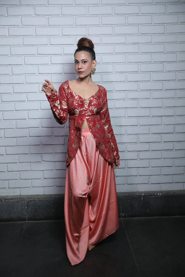 Coral Pink Satin Twill Dhoti Set