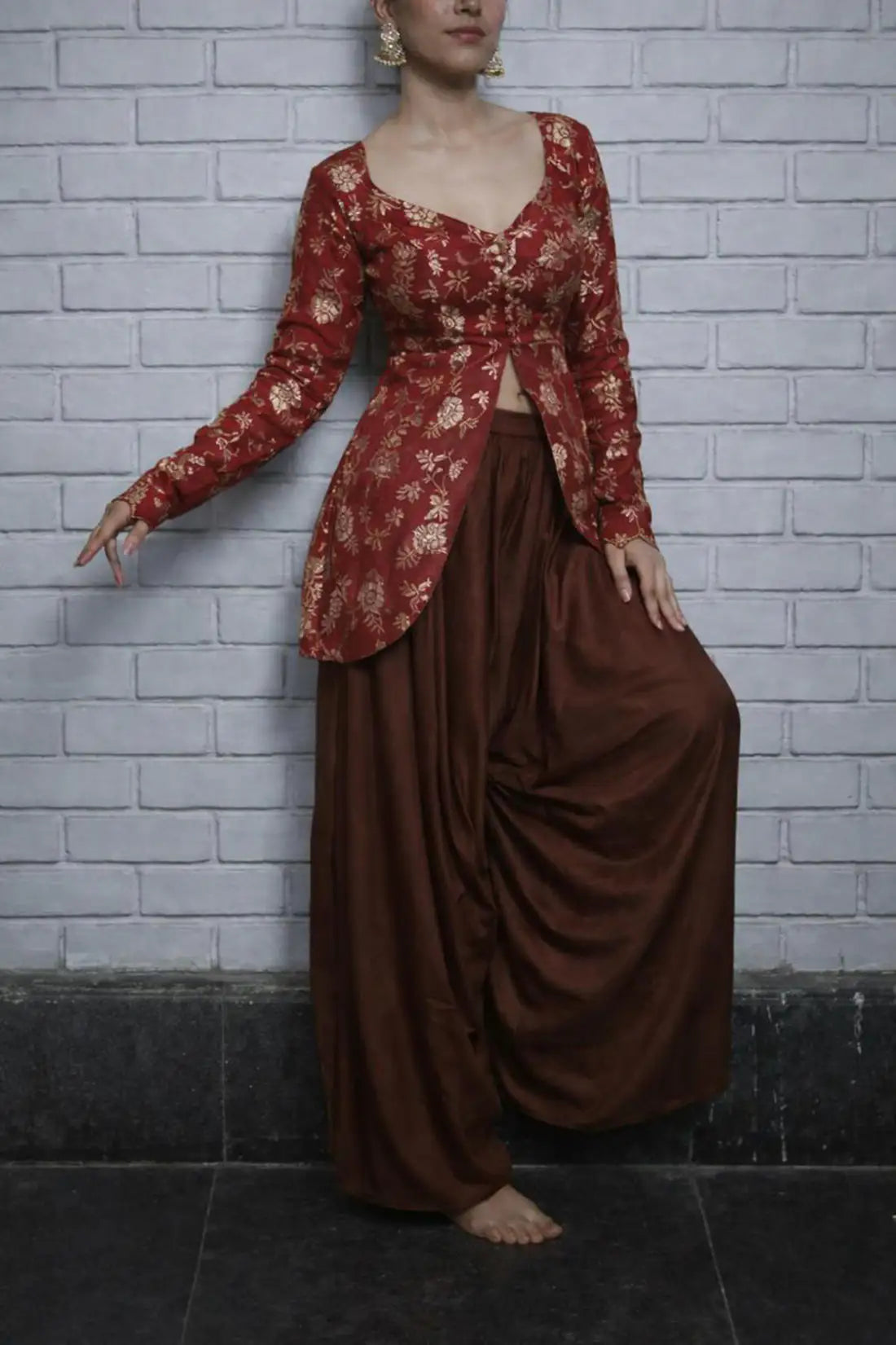 Coral Pink Satin Twill Dhoti Set