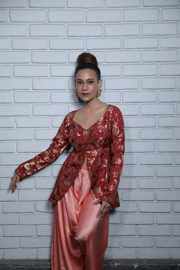 Coral Pink Satin Twill Dhoti Set