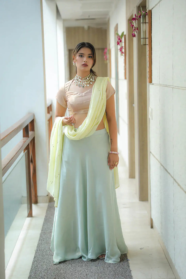 Pastel Satin Silk Skirt Set