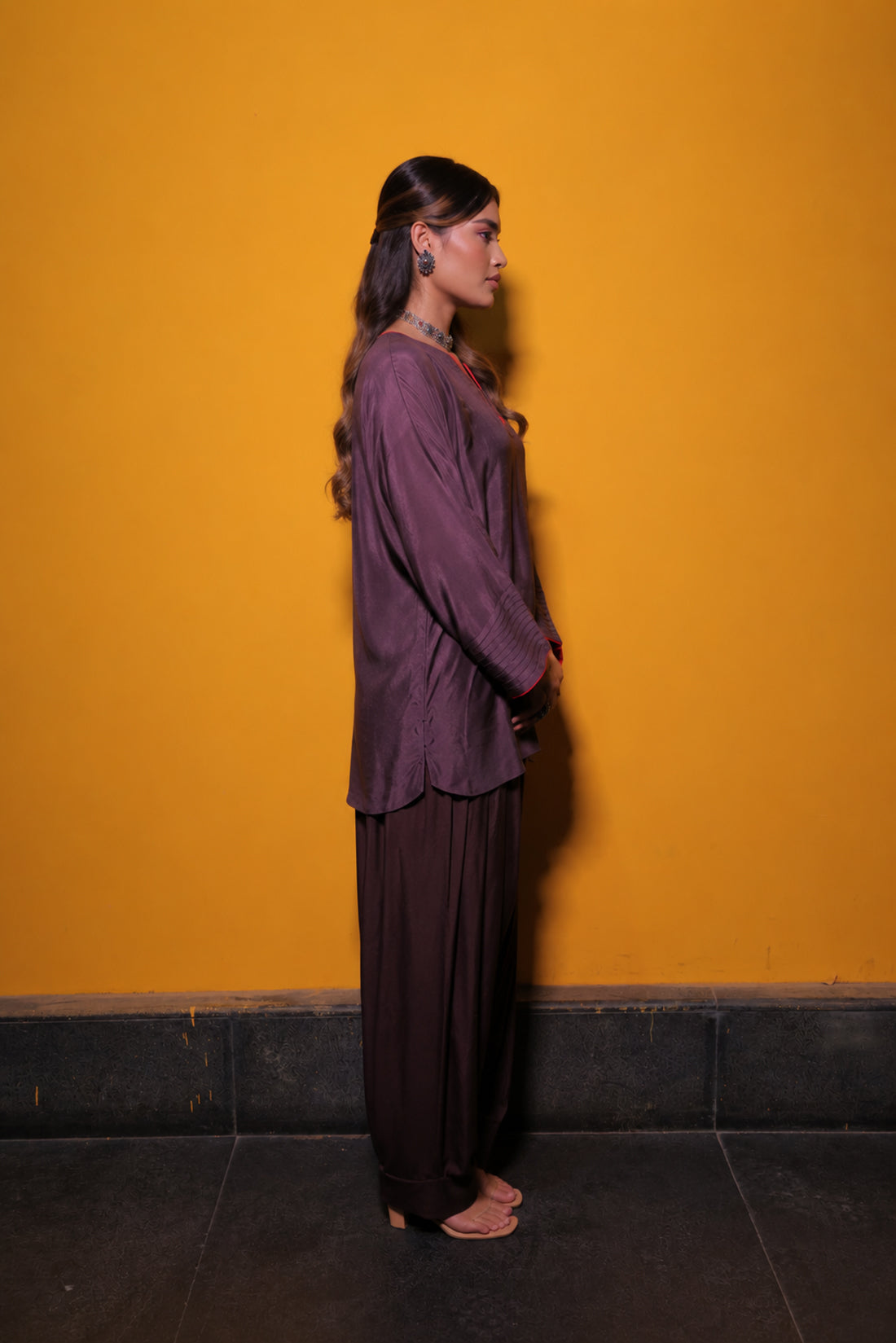 Wine Muslin Silk Kaftan Set