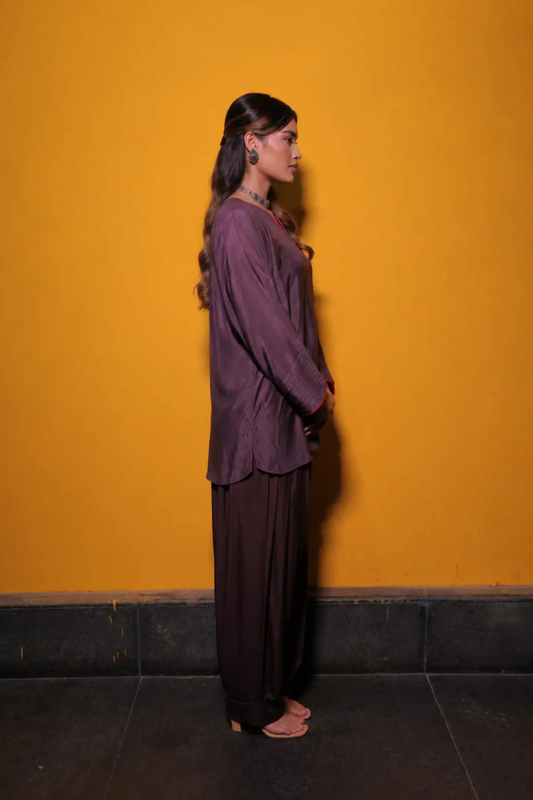 Wine Muslin Silk Kaftan Set