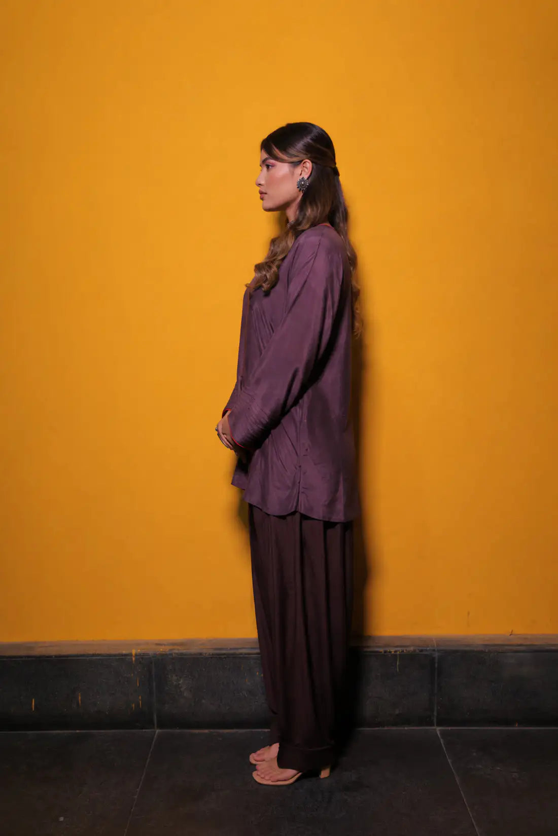 Wine Muslin Silk Kaftan Set