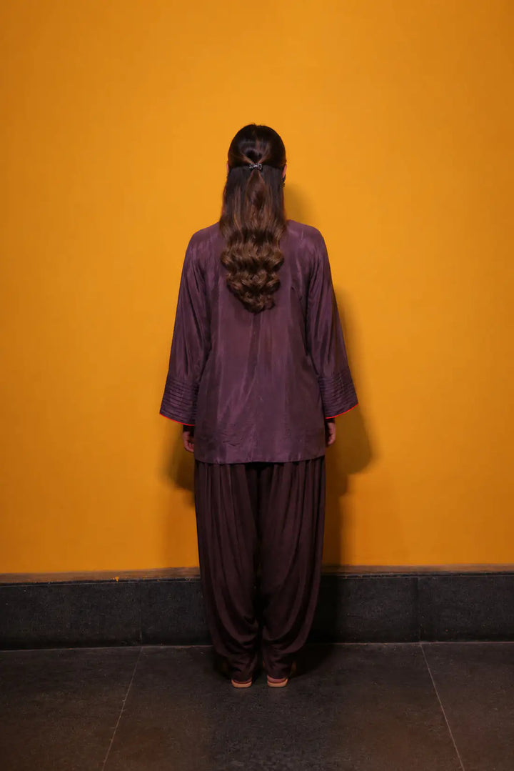 Wine Muslin Silk Kaftan Set