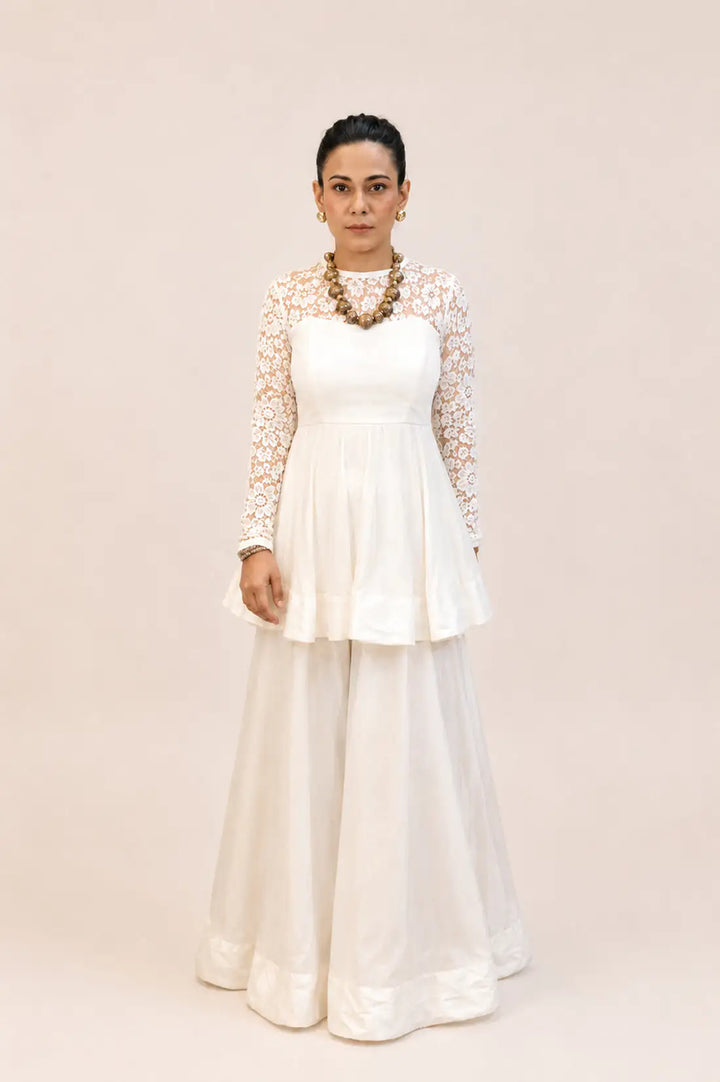 White Persian Lace Organza Anarkali Set