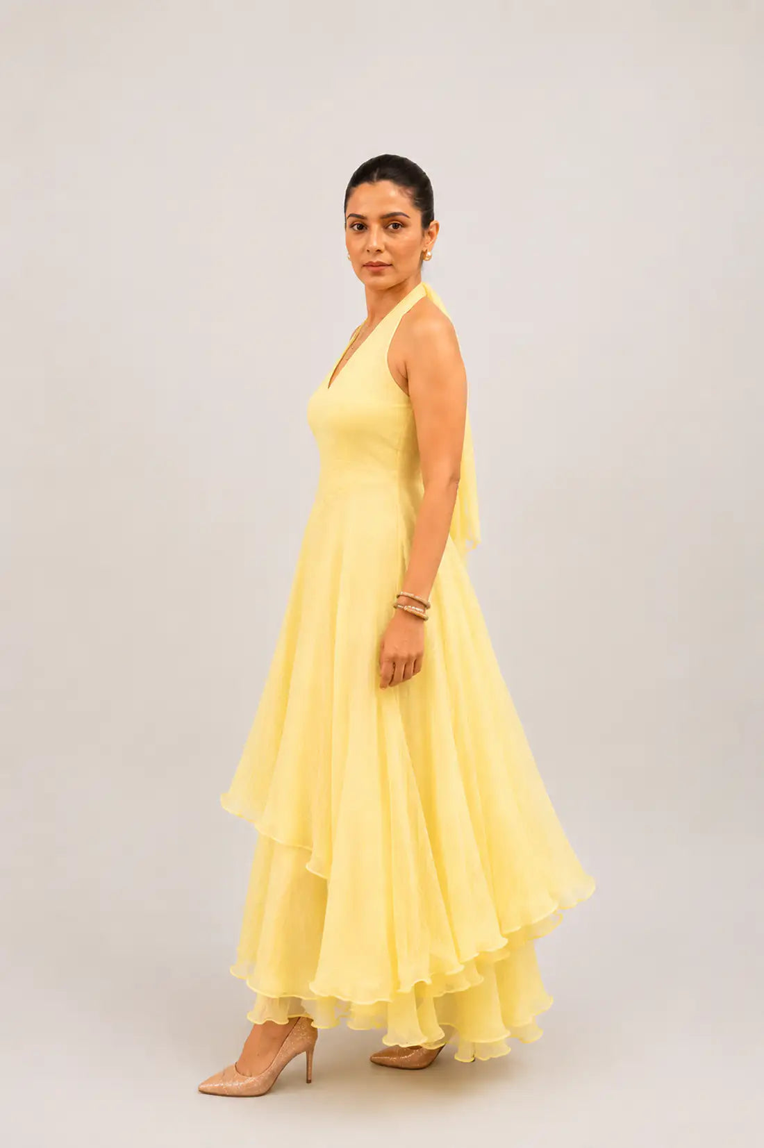 Butter Yellow Floral Print Chiffon Halter Dress