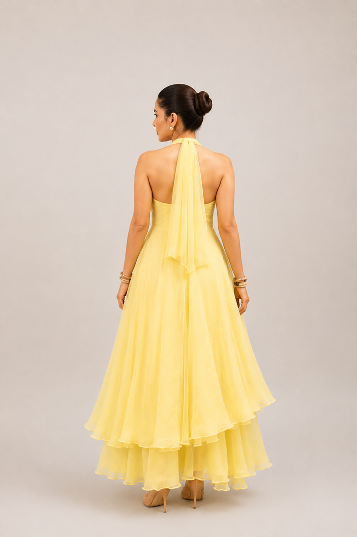 Butter Yellow Floral Print Chiffon Halter Dress