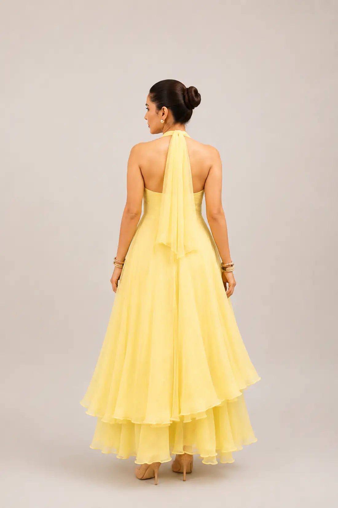 Butter Yellow Floral Print Chiffon Halter Dress