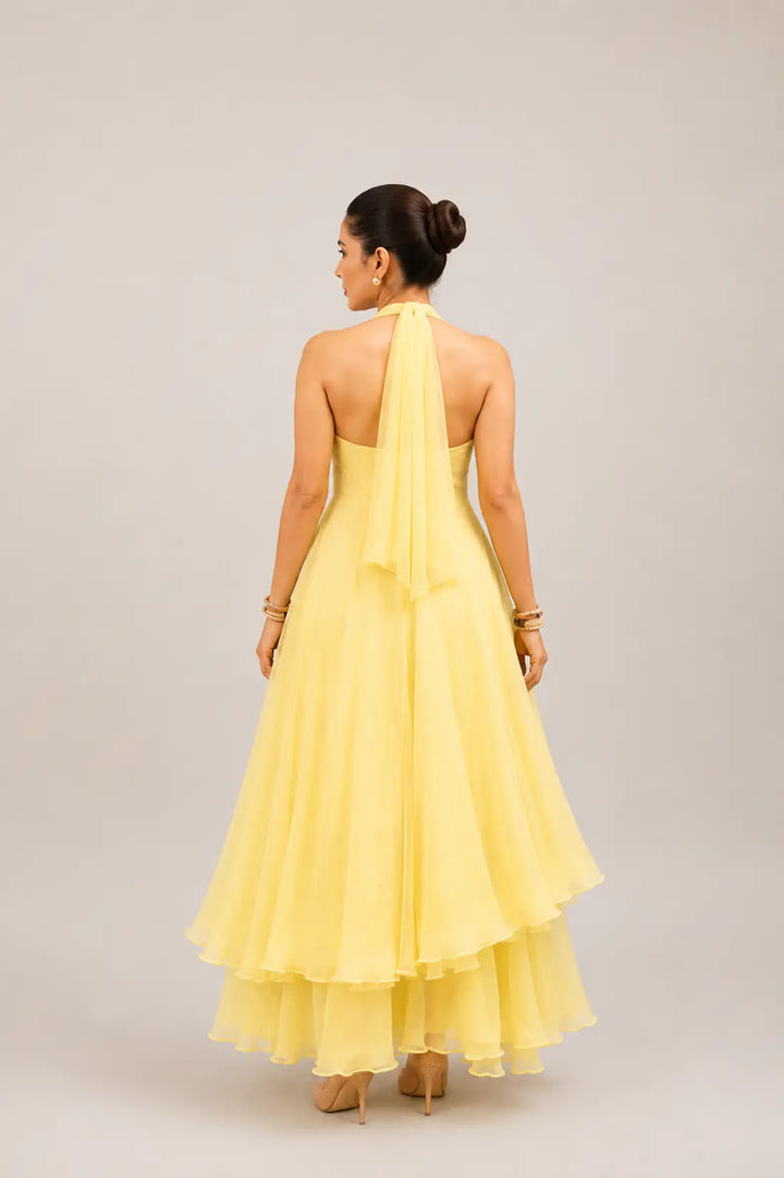Butter Yellow Floral Print Chiffon Halter Dress