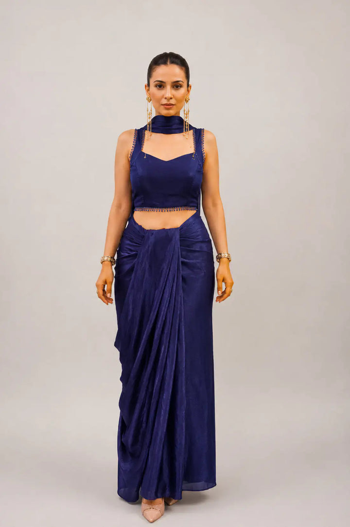 Ink Blue Glossy Tissue Draped Saree