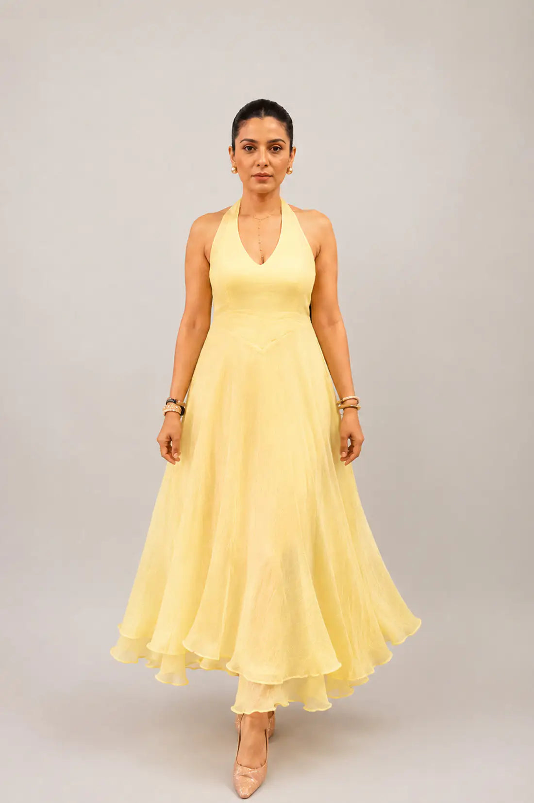 Butter Yellow Floral Print Chiffon Halter Dress