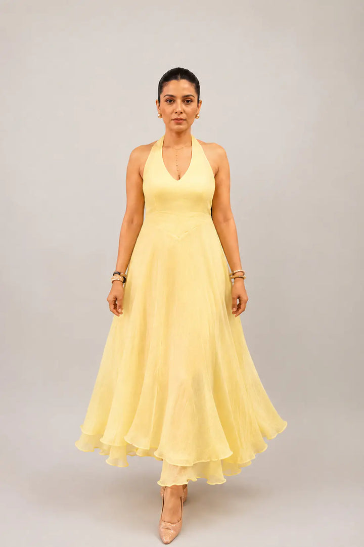 Butter Yellow Floral Print Chiffon Halter Dress