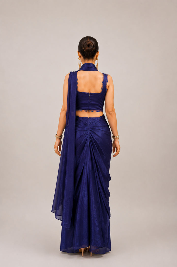 Ink Blue Glossy Tissue Draped Saree