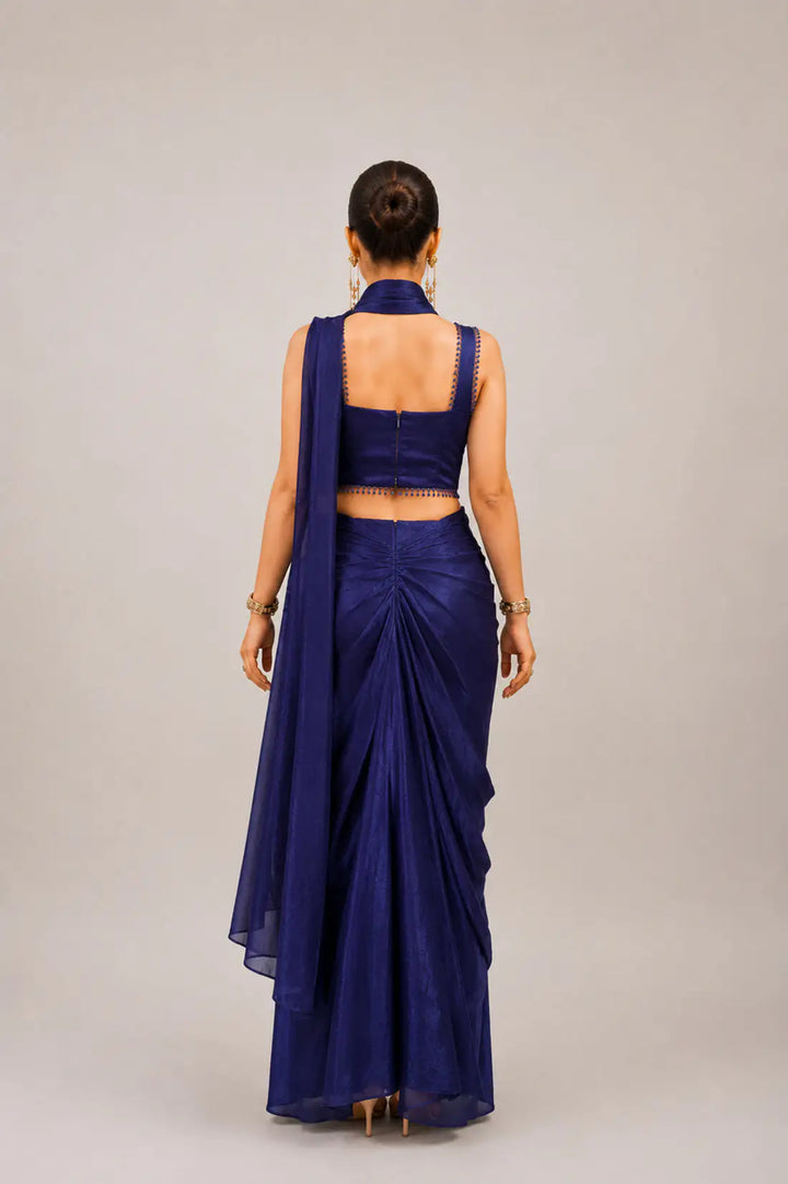Ink Blue Glossy Tissue Draped Saree