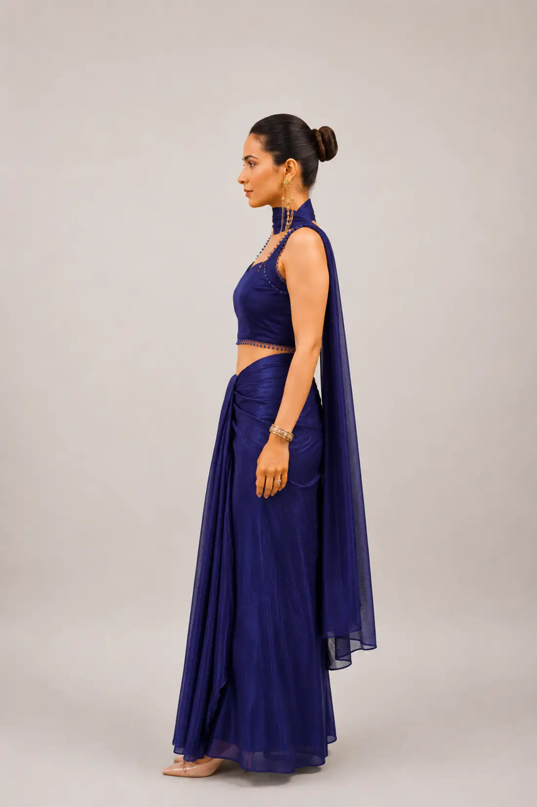 Ink Blue Glossy Tissue Draped Saree