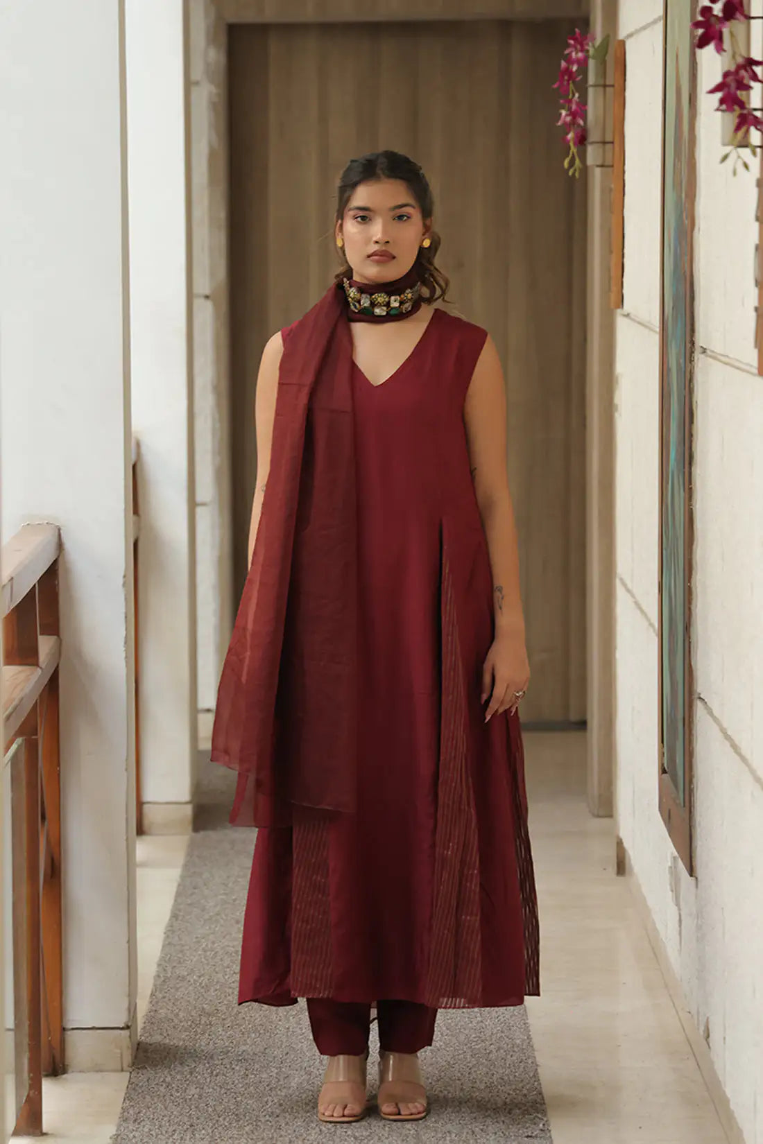 Regal Maroon Linen Silk Kurta Set