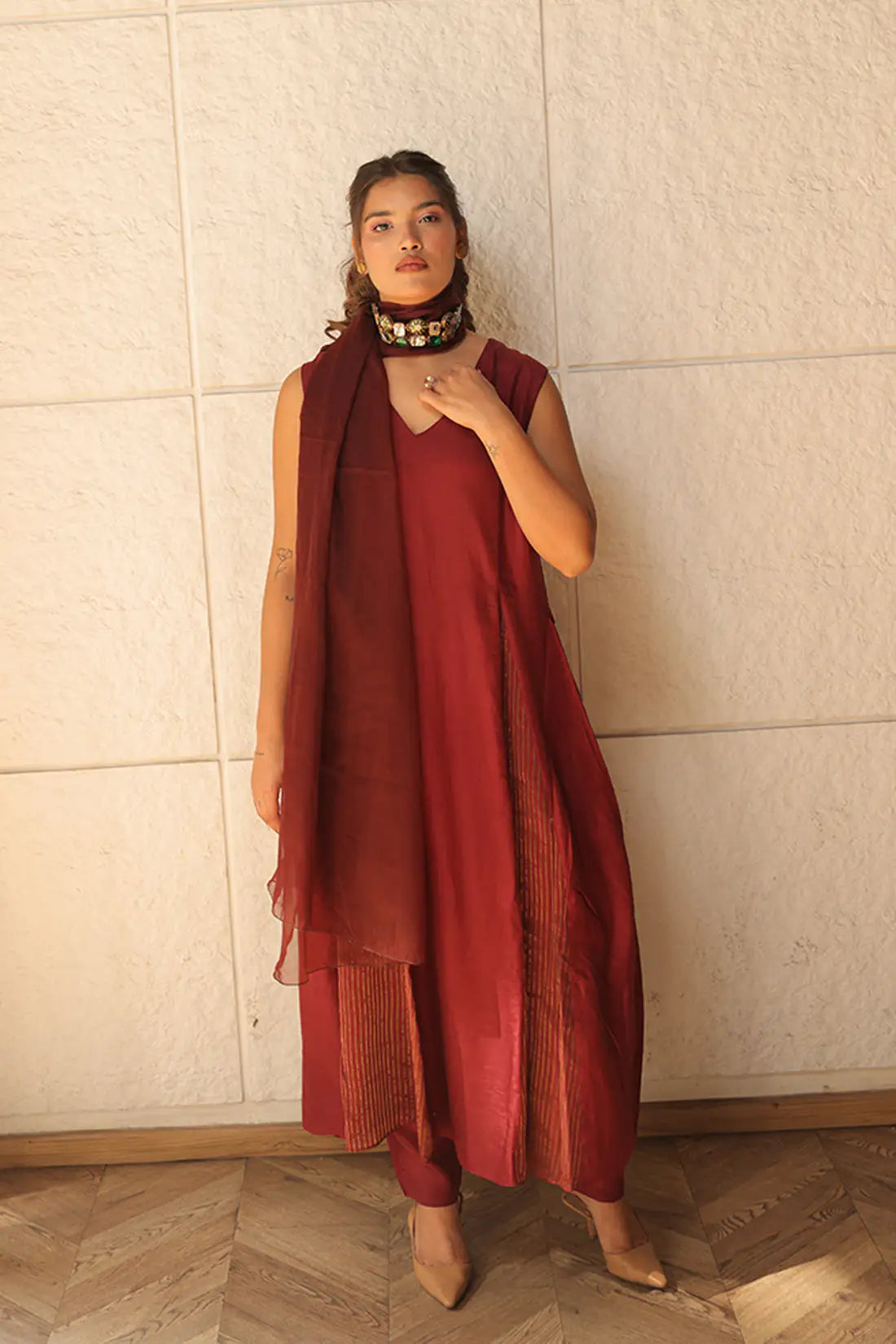 Regal Maroon Linen Silk Kurta Set