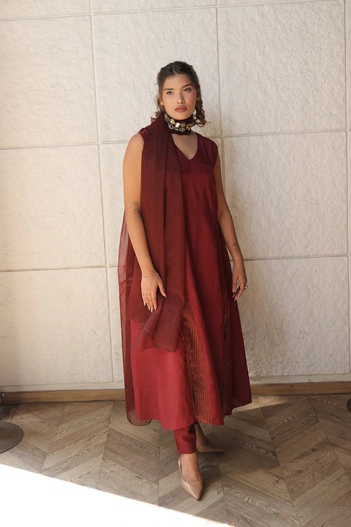 Regal Maroon Linen Silk Kurta Set