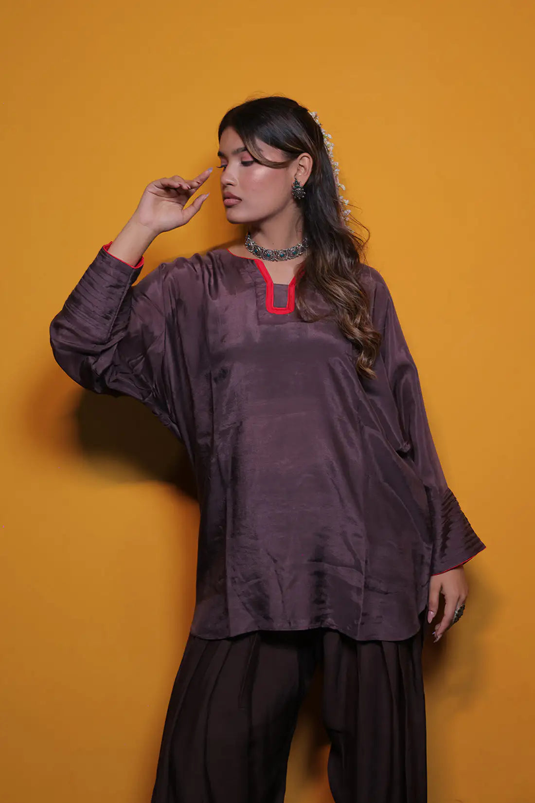 Wine Muslin Silk Kaftan Set