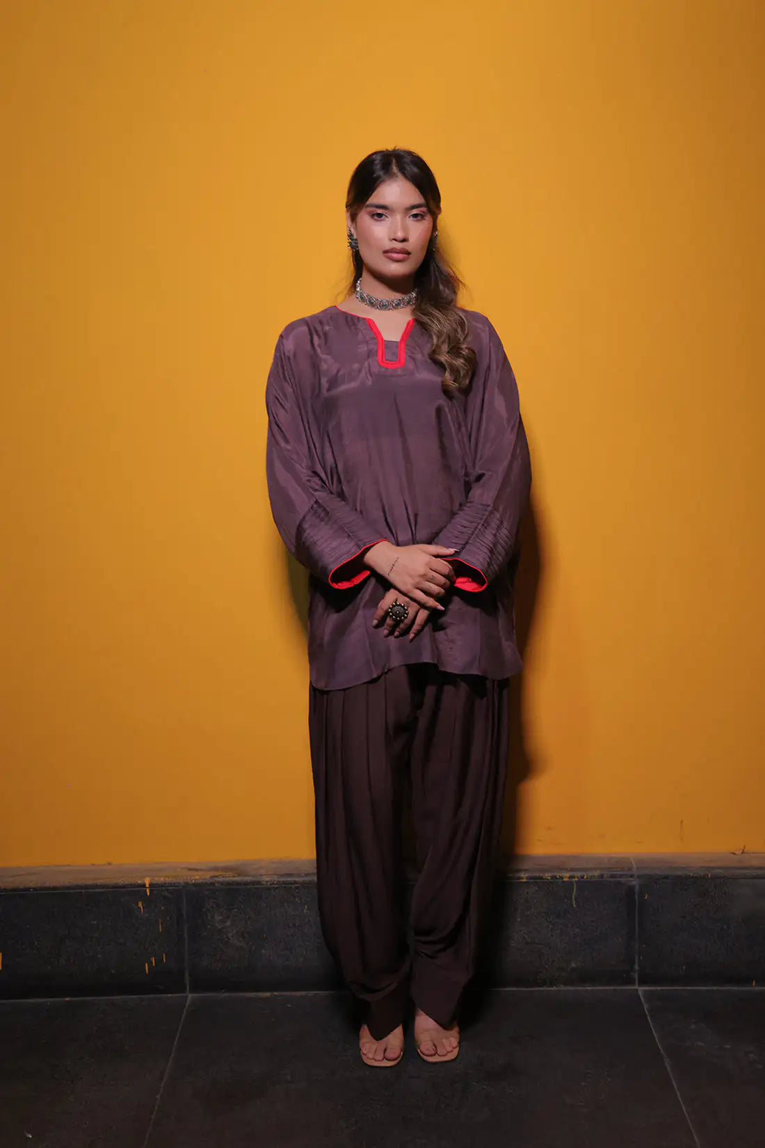 Wine Muslin Silk Kaftan Set